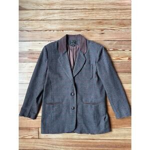 Vtg 90s Express Womens 100% Wool Leather Long Sleeve Houndstooth Brown Blazer
